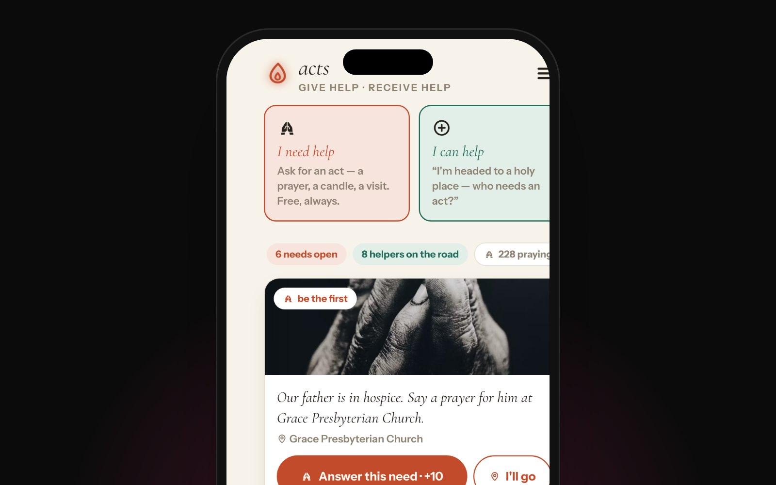 Acts, the current TestFlight build: home screen